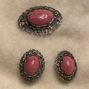 Earring and Brooch Set with Stunning Pink Stone